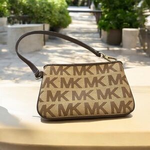 Michael Kors Signature MK logo brown & tan canvas wristlet EUC